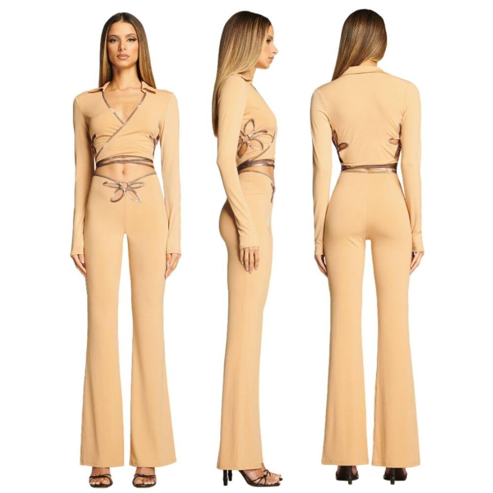 I AM GIA Renalee Floral Cutout Wrap Top Large Flare Pants Medium Set Tan - Picture 13 of 13